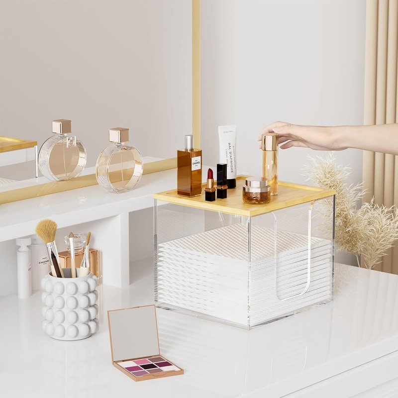Acrylic Face Towel Holder Box - Large Disposable Towel Storage with Bamboo Lid | Clear Bathroom Organizer