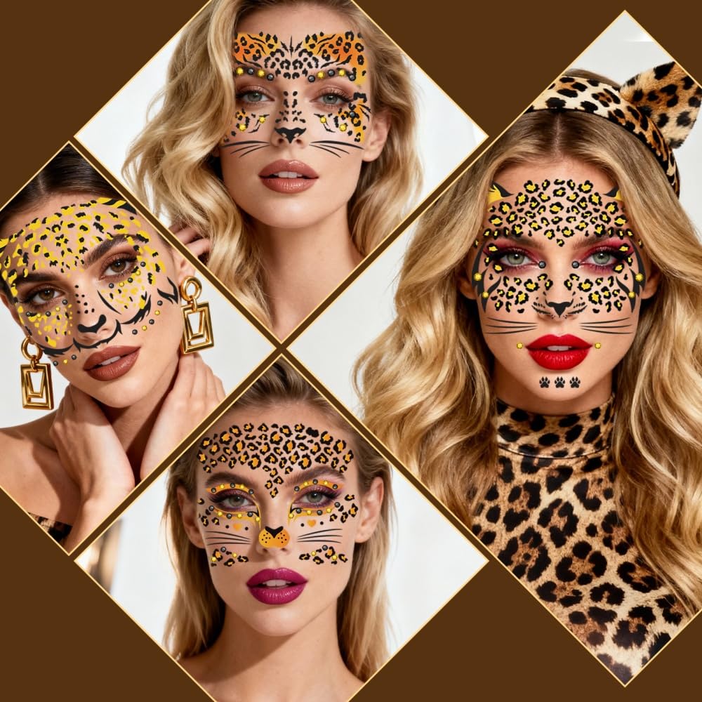 Leopard Print Temporary Tattoos - Realistic Animal Face Stickers | Waterproof Body Art, 6 Sheets