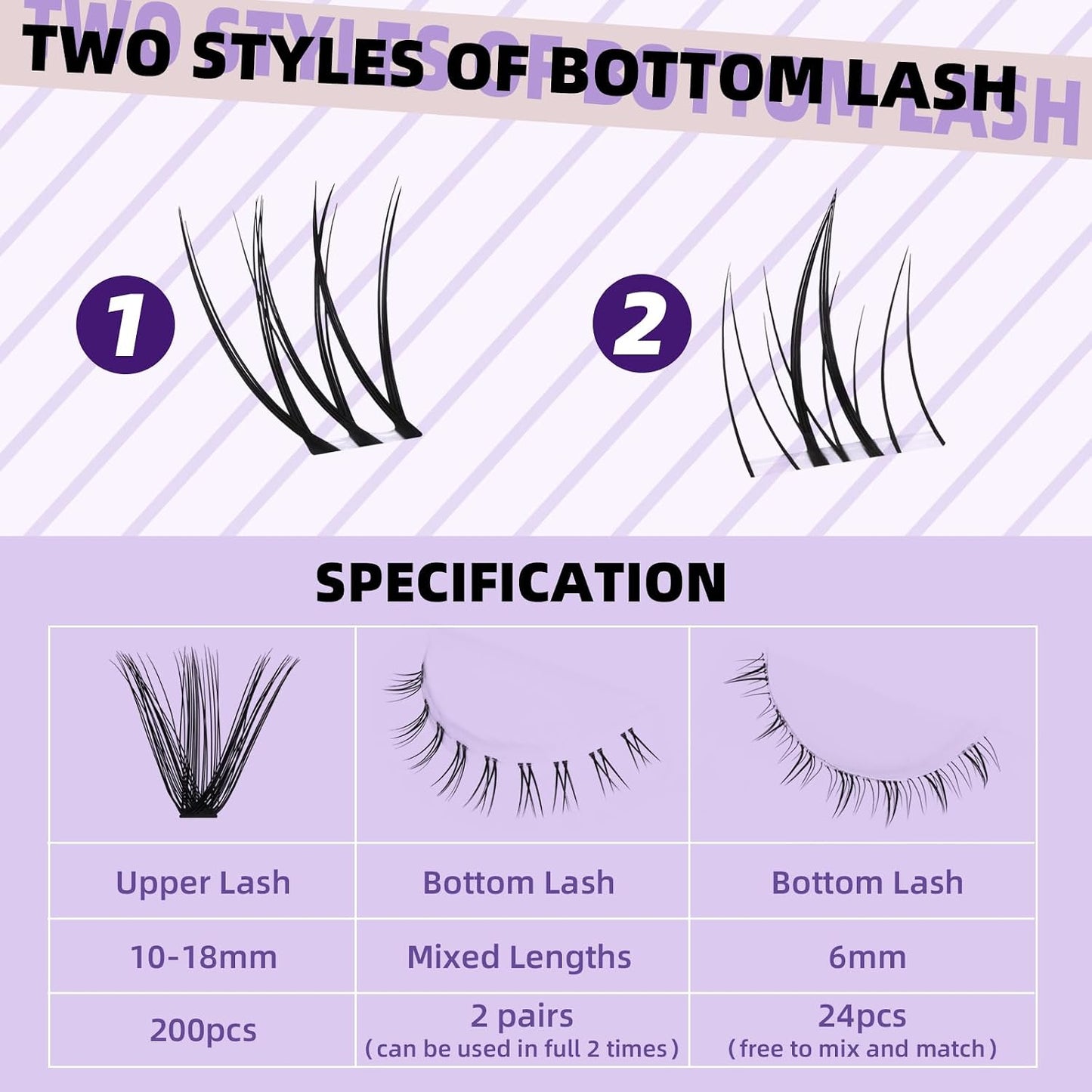 Eyelash Extension Kit - 10-18mm D Curl Lash Clusters with Bottom Lashes | DIY Bond & Seal Applicator