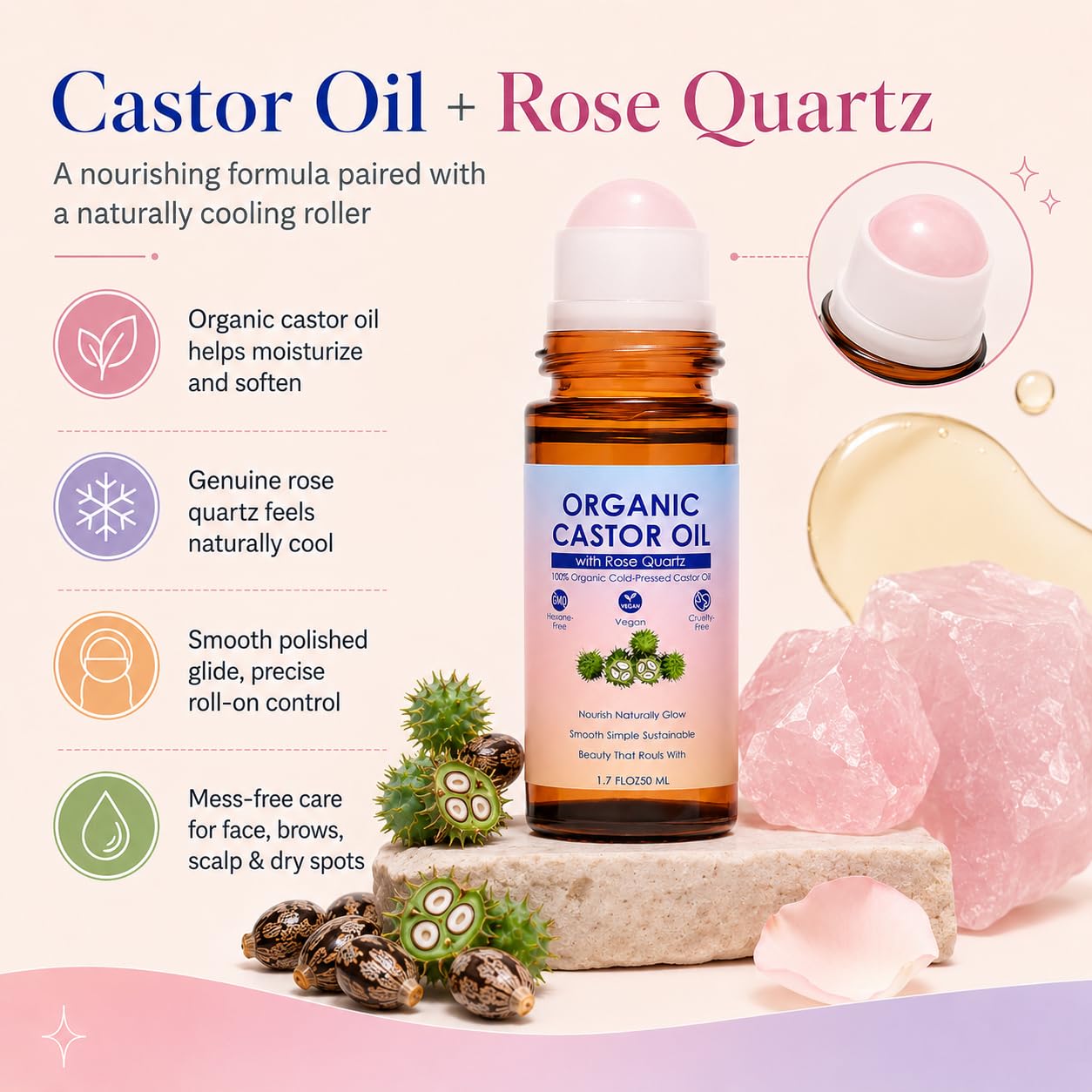 Organic Castor Oil with Rose Quartz Roller - 100% Pure Cold-Pressed, Hexane-Free | 1.7oz Amber Glass Bottle for Skin Care
