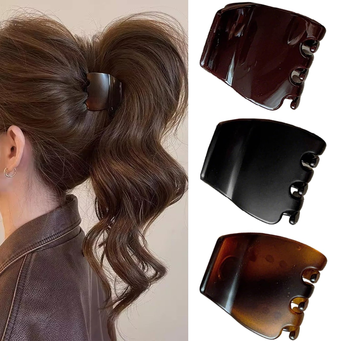 Square Hair Claw Clips 3Pcs Medium Matte Hair Clips Amber Coffee Color Black Acrylic Hair Barrette Strong Hold Non Slip Clip Back of Head Hair Supplies for Women Girl Gift Hair Accessories