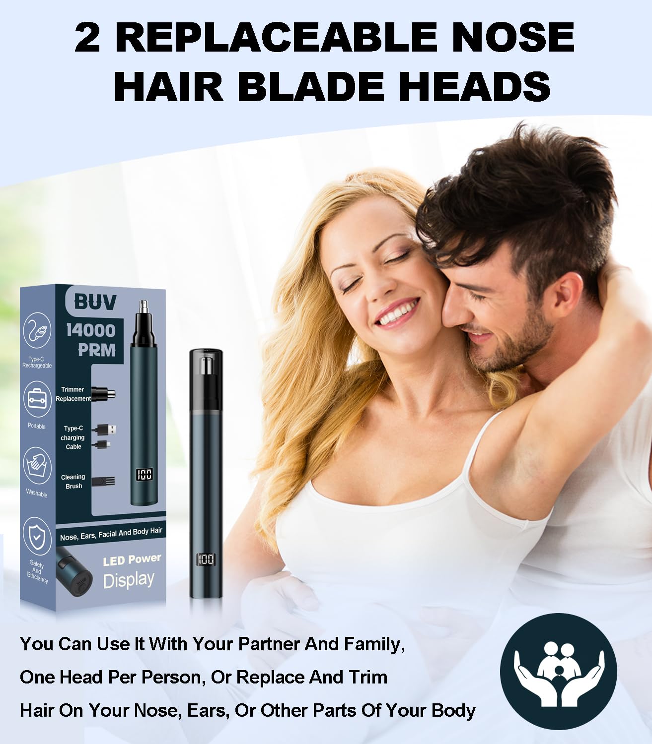 BUV Nose Hair Trimmer with LED Display- 2025 Professional Painless Ear Hair Trimmers for Men and Women, USB Rechargeable Nose Hair Trimmer Clipper – Waterproof, Blue