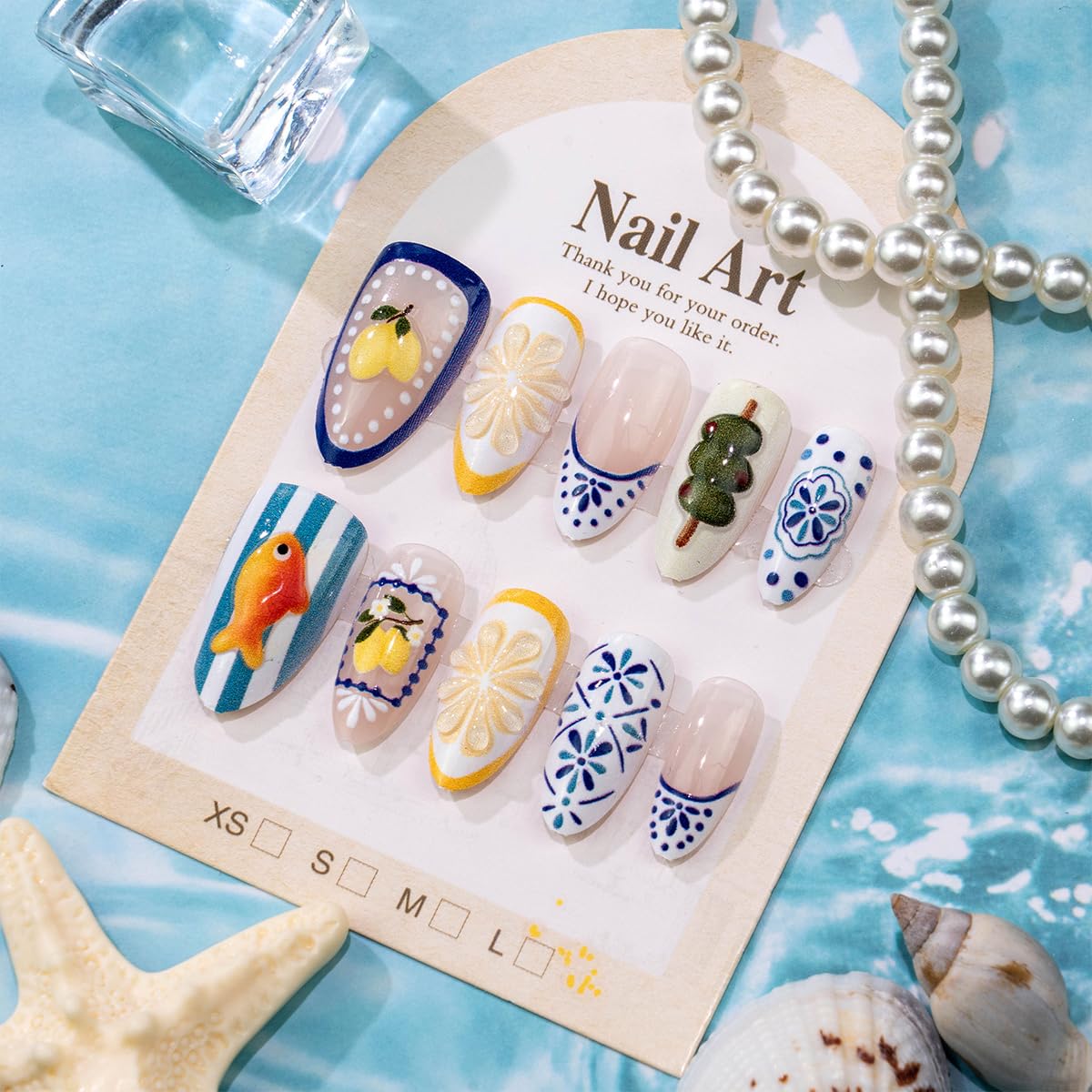 30Pcs Summer Press On Nails Almond Medium Fake Nails with 3D Goldfish Lemon & Blue Floral Design Bohemia Style French Tip Acrylic False Nails Reusable Full Cover Glue On Nails for Women Manicure