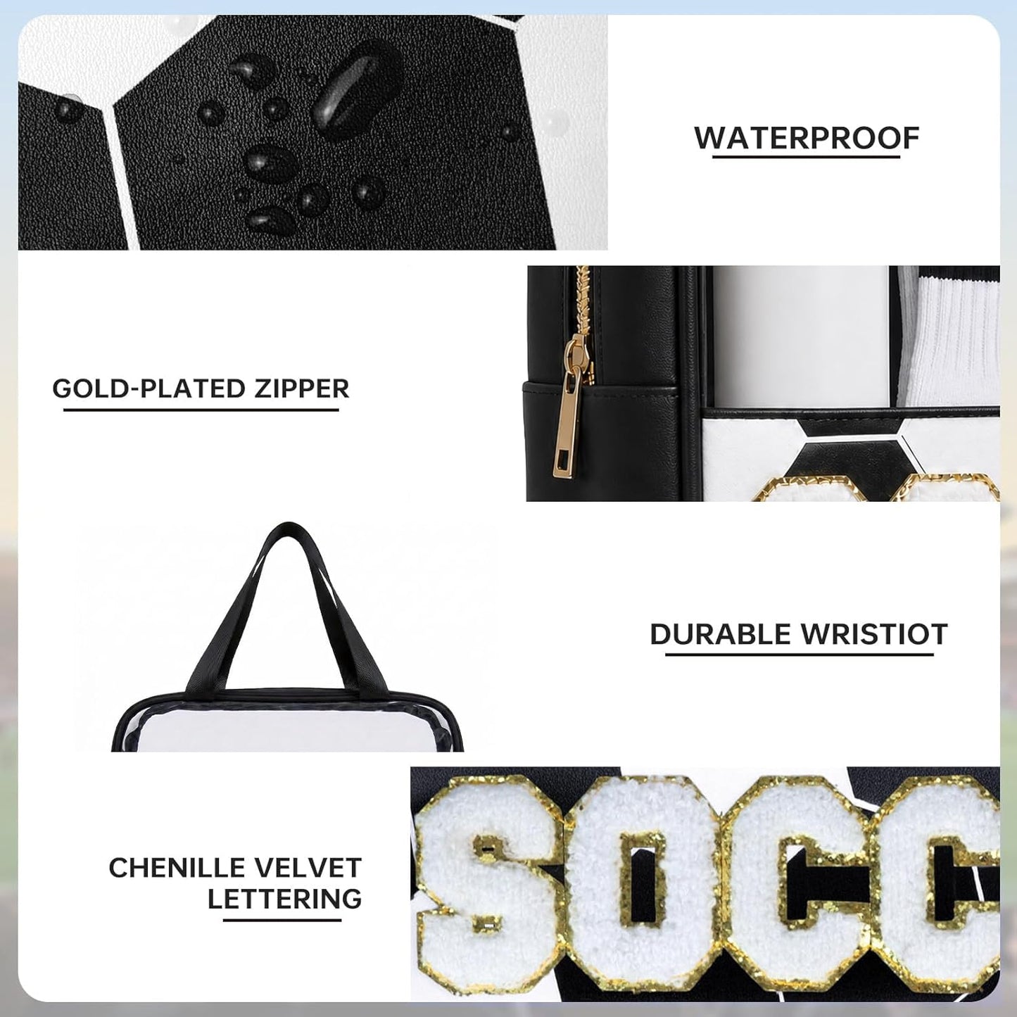 Clear Soccer Makeup Bag for Girls - Chenille Letter Design | Portable Travel Toiletry Pouch