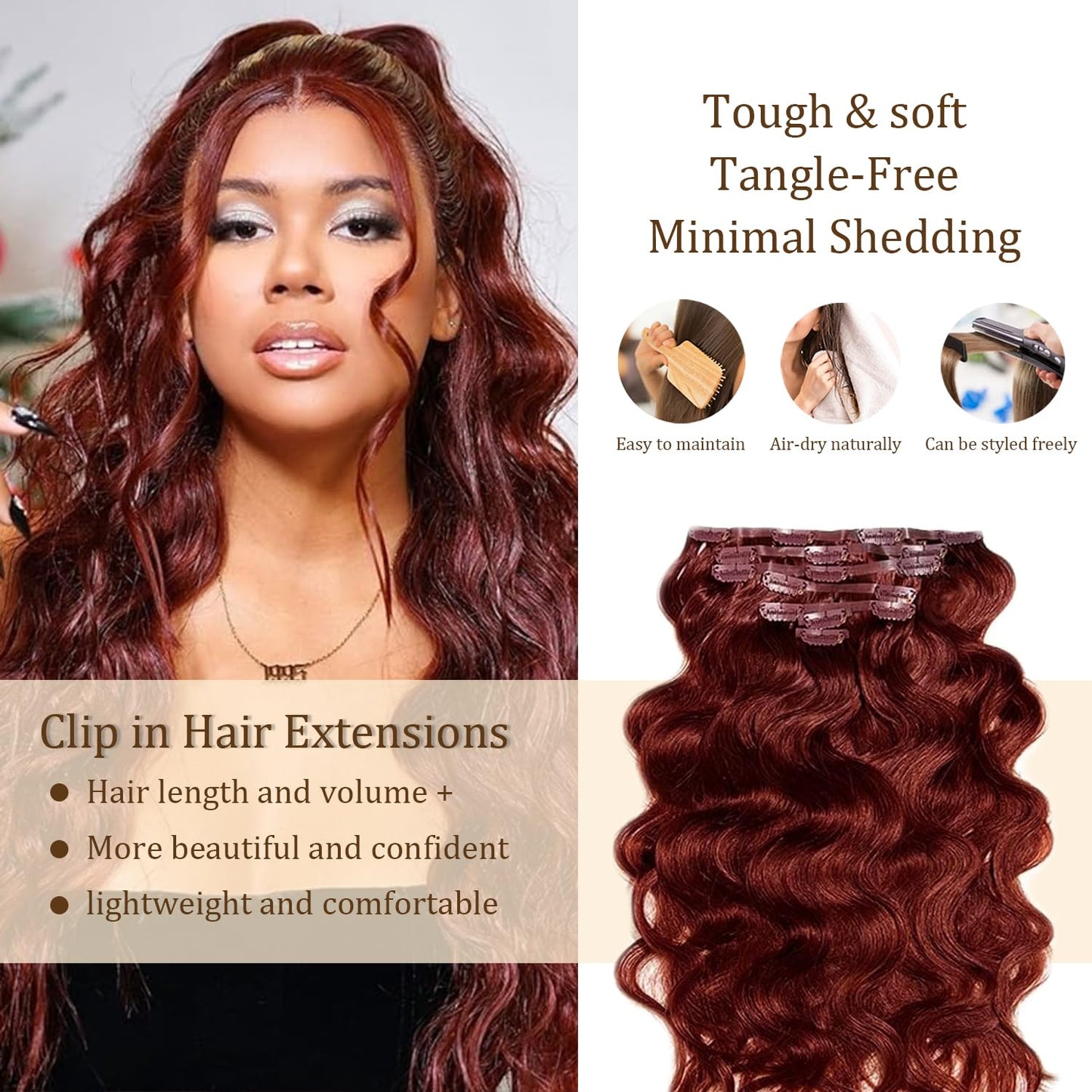 #33 Reddish Brown Clip in Hair Extensions Real Human Hair, 22 Inch 120g/7Pcs,Full Shine Remy Human Hair,Copper Red Body Wave Clip ins Brazilian Virgin Human Hair Extensions