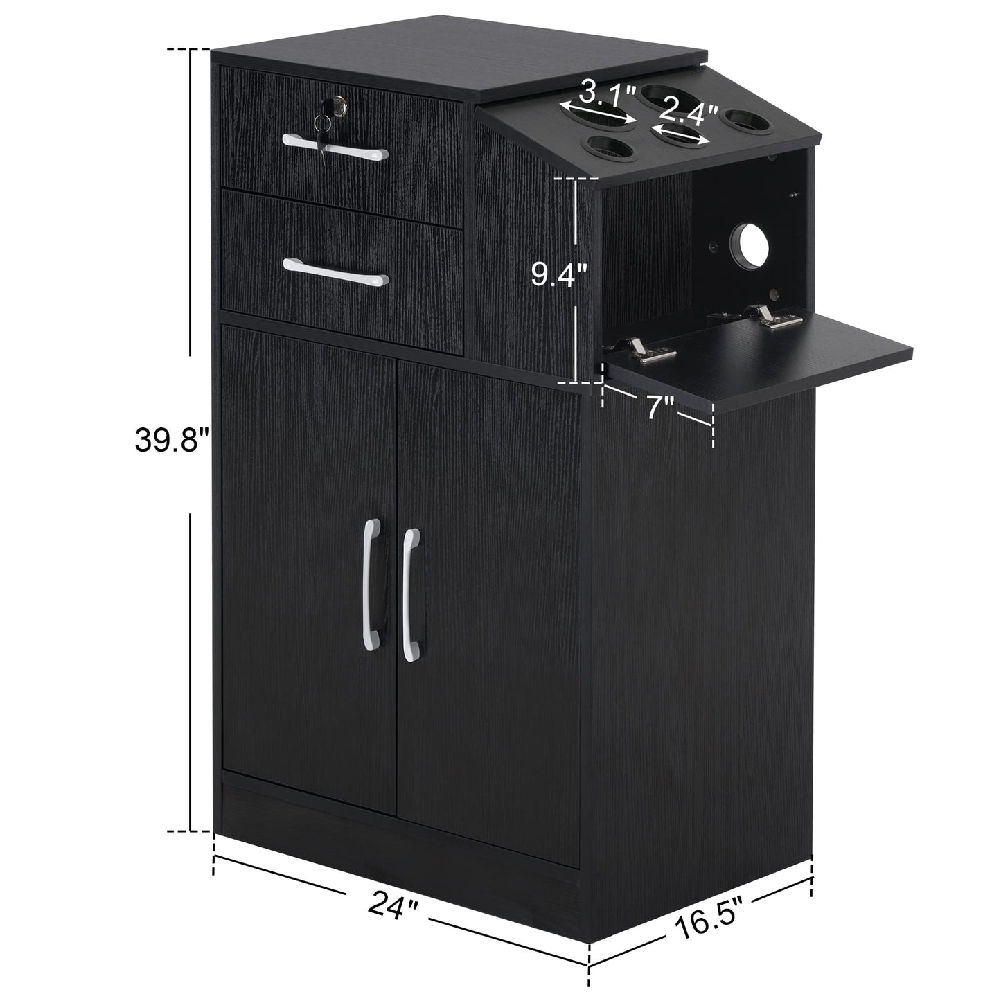 BarberPub Locking Barber Station with 2 Drawers Cabinet Beauty Salon Storage Equipment with Holders for Hair Stylist Spa 2005 (Black)