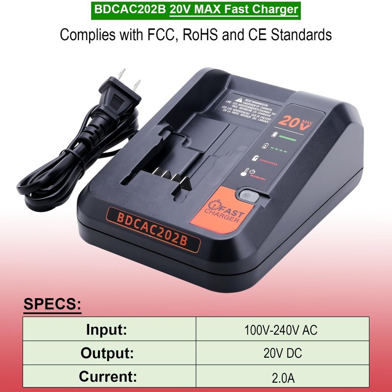 BDCAC202B 2.0A Charger Compatible with Black & Decker 12V MAX and 20V Battery LBXR20 LBXR2020 LBX4020 LBX20 LBD1520S, Compatible with Black and Decker 20V MAX Lithium Battery Charger Replacement