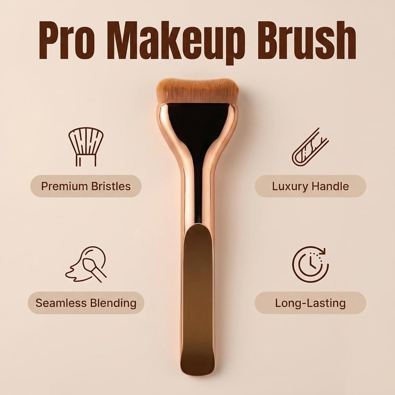 Angled Flat Kabuki Foundation Brush - Liquid Makeup Applicator for Seamless Blending | Bronze Finish