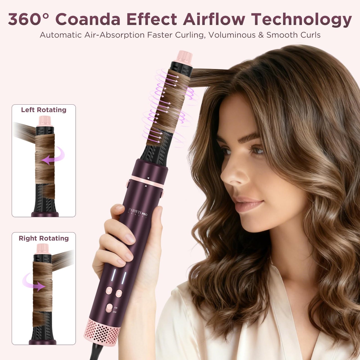 7-in-1 Hot Air Styler,MaxAIR 2.0,PARWIN PRO BEAUTY Travel Dual Voltage Multi-Styler Set,110,000RPM High Speed Hair Dryer Brush with Air Hair Straightener,1.1 Inch Auto-Wrap Curlers,Jasper Plum
