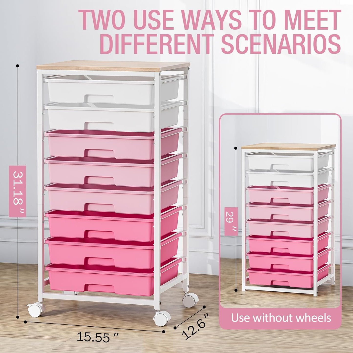 Rolling Cart with Drawers - Pink Storage Cart with 8 Plastic Drawers & Wooden Tabletop | Ideal for Crafts & Teachers