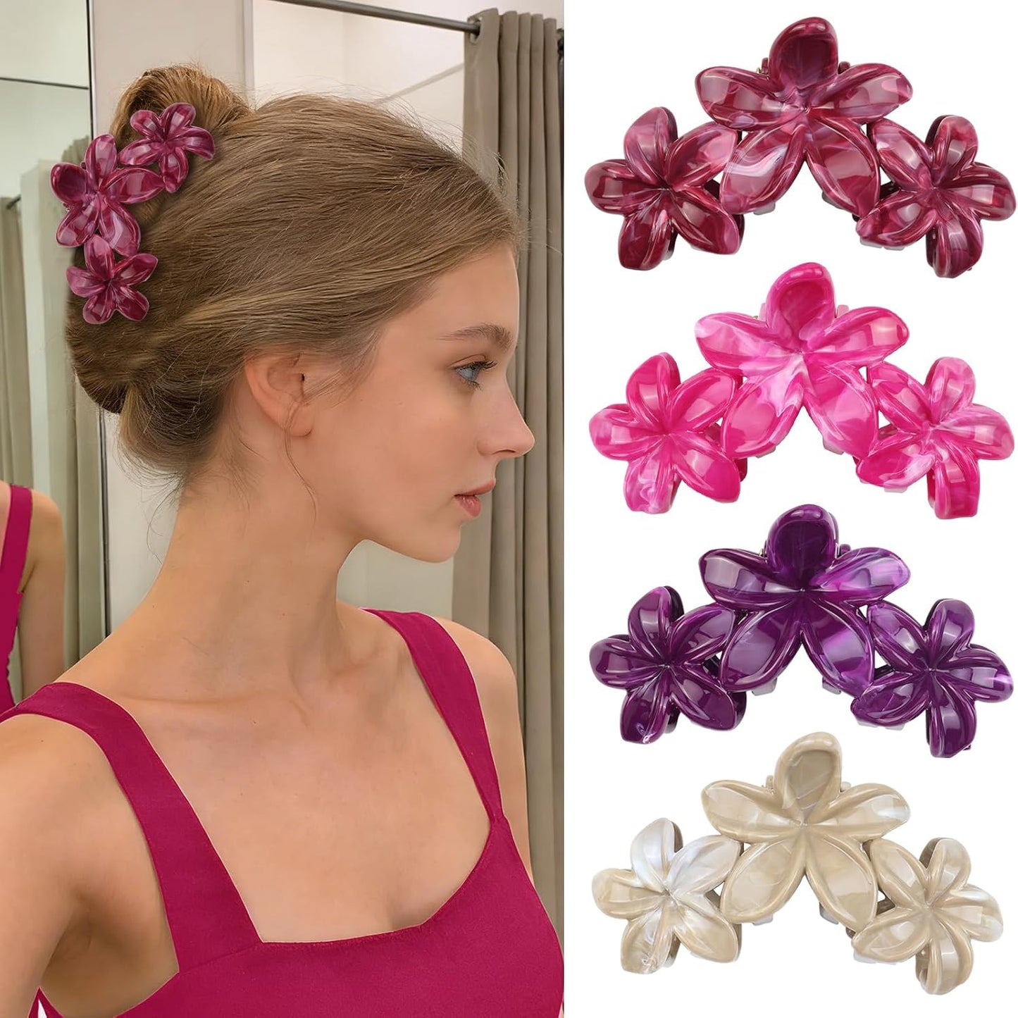 Cute Hawaiian Flower Claw Hair Clips - 4Pcs Large Clips for Thick or Thin Hair | Pink & Red Beach Accessories