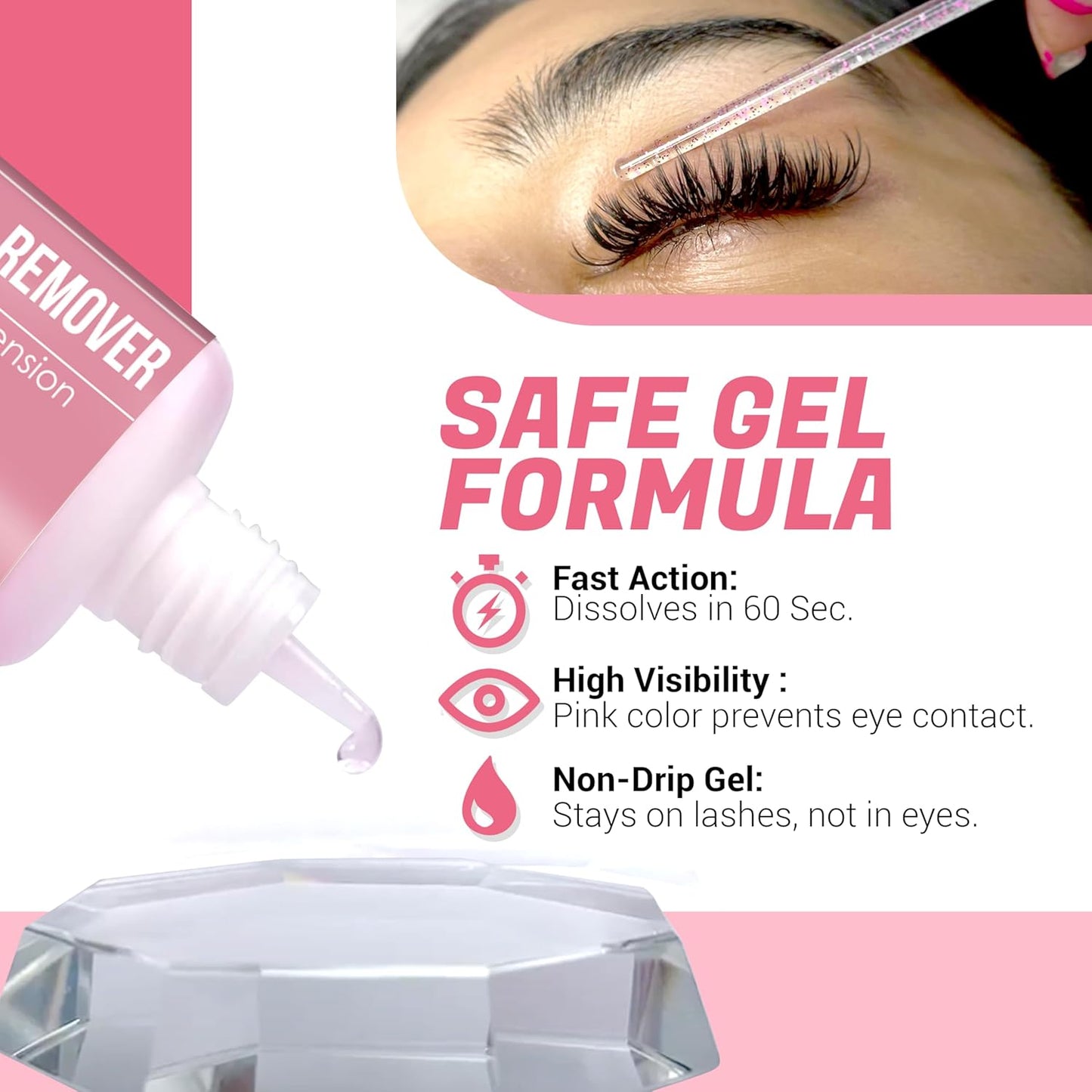 Pink Gel Lash Remover for Eyelash Extensions - Fast Acting 60s Dissolution | Professional Glue Remover | 15ml
