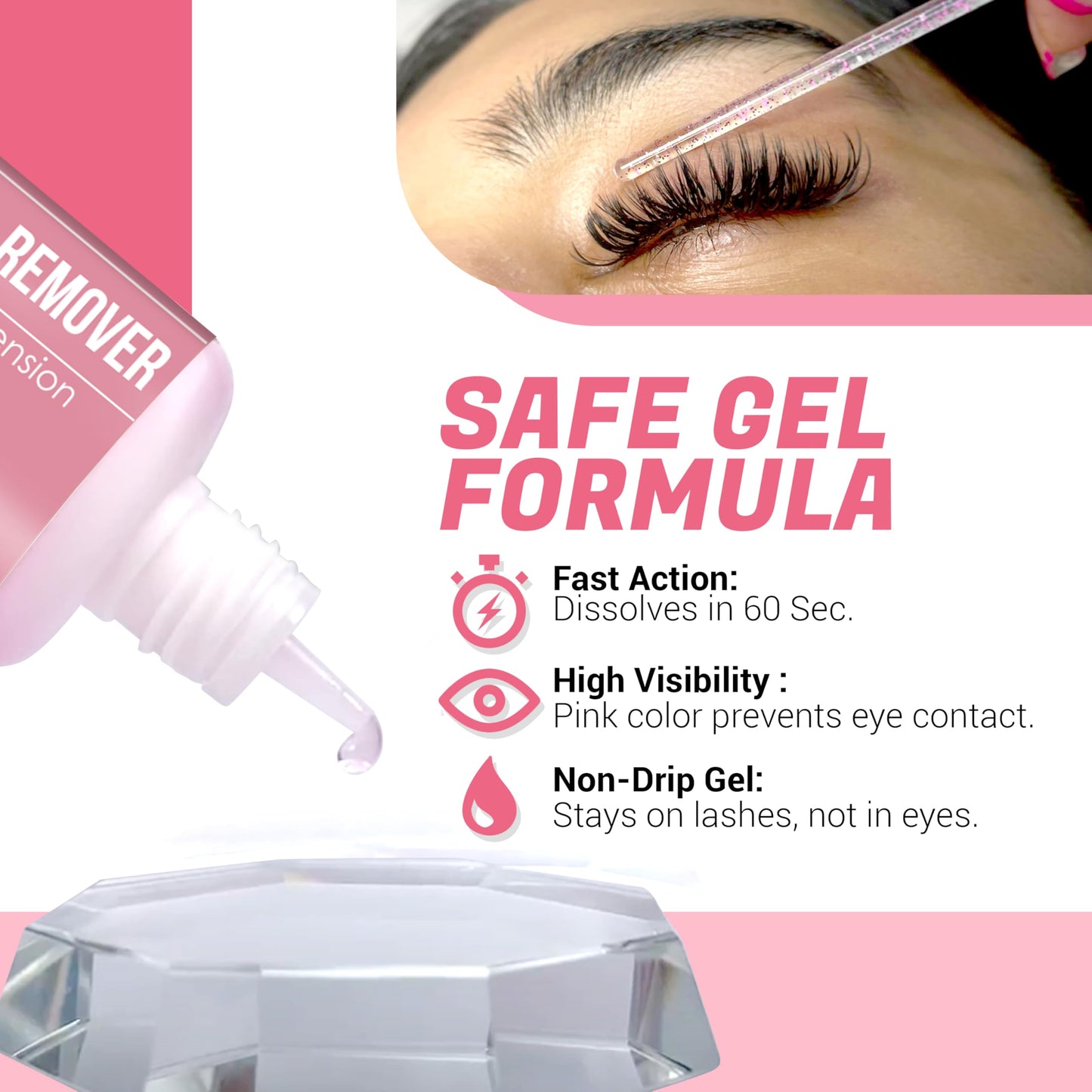 FORABELI Pink Gel Lash Remover for Eyelash Extensions | Fast Acting 60s Dissolution | High Visibility Professional Glue Remover | Gel Type Adhesive Remover | 15ml