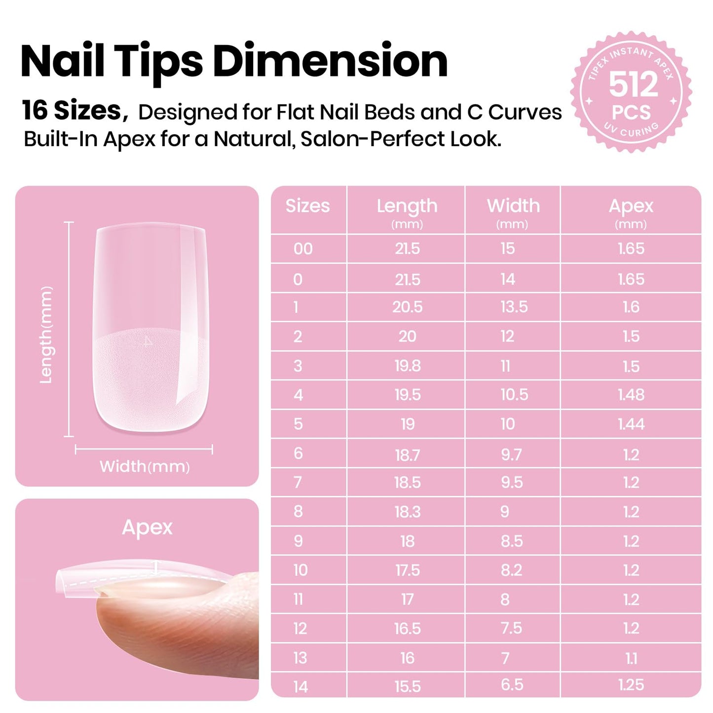 Beetles Tipex Lite Instant Nail Tips, Short Square, 512pcs 16 Sizes(00-14)
