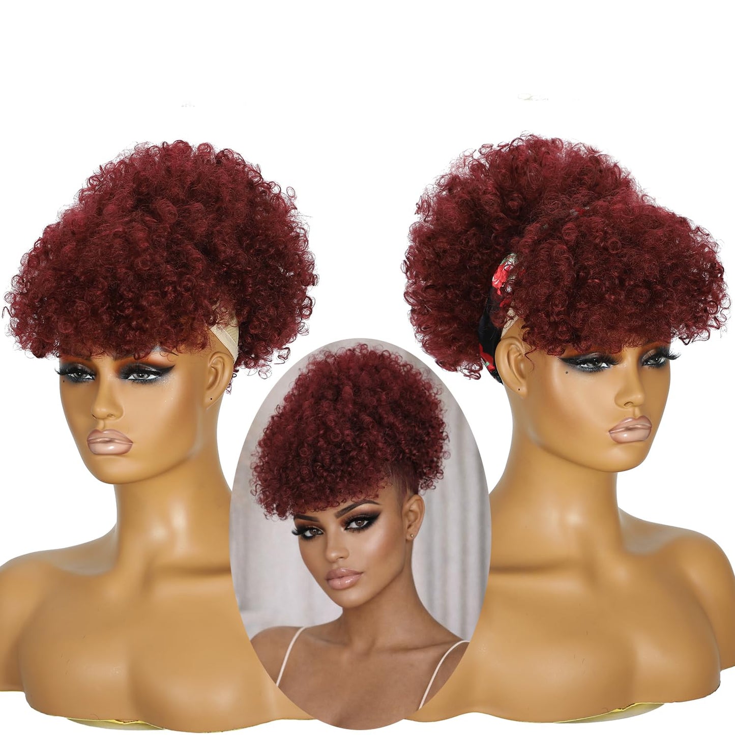 Afro Puff Drawstring Ponytail - Short Burgundy Kinky Curly Hair Extensions | Fluffy Updo for Black Women