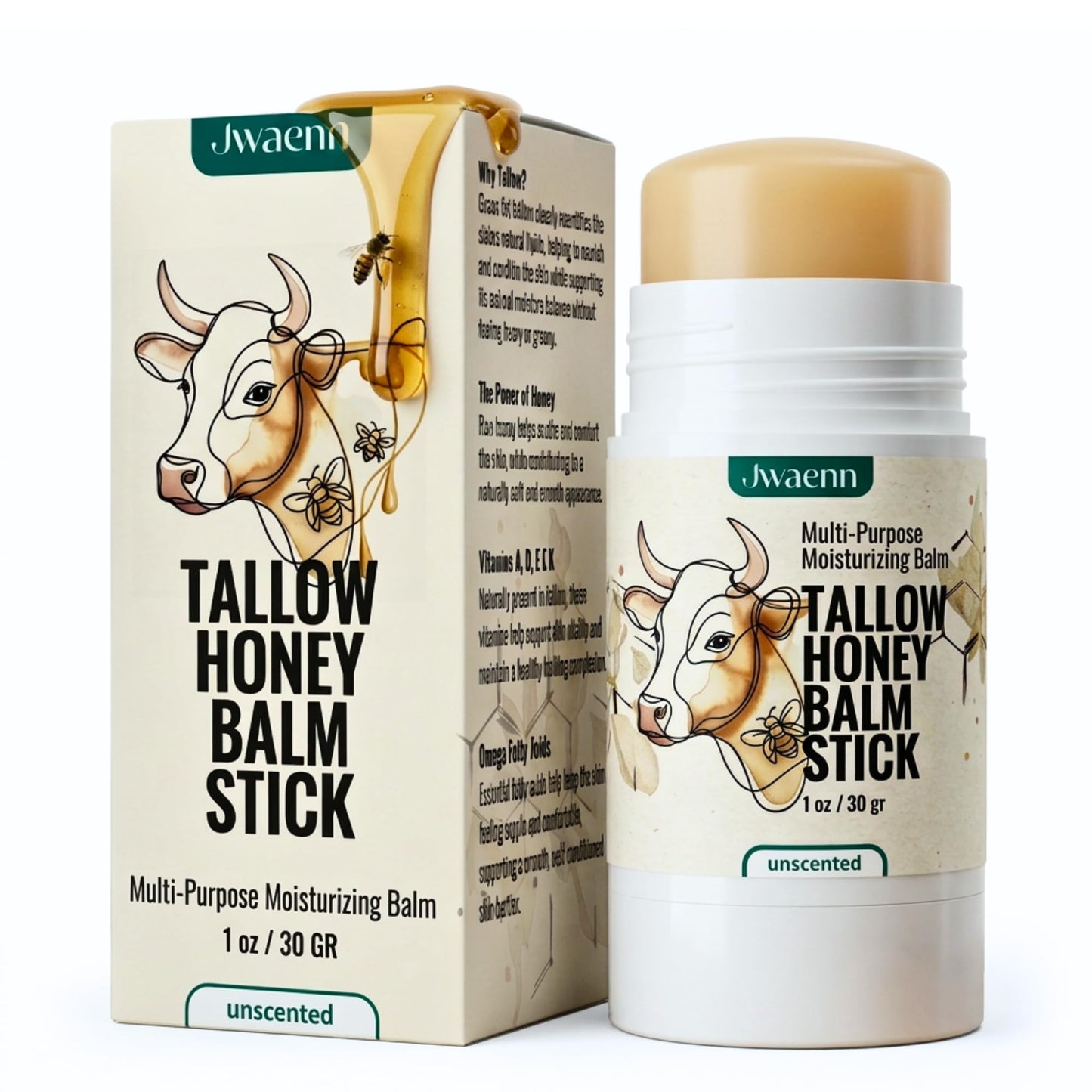JWAENN Tallow Honey Balm Stick Grass-Fed Beef Tallow Moisturizer for Face & Body, Multi-Purpose Solid Balm for Sensitive Skin, with Raw Honey & Vitamin E, 30g, 1 oz