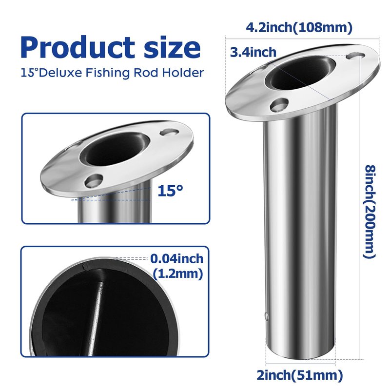 15 Degree Fishing Rod Holder 2 Pack, 316 Stainless Steel Rod Holders for Fishing Boat, Flush Mount, Heavy Duty