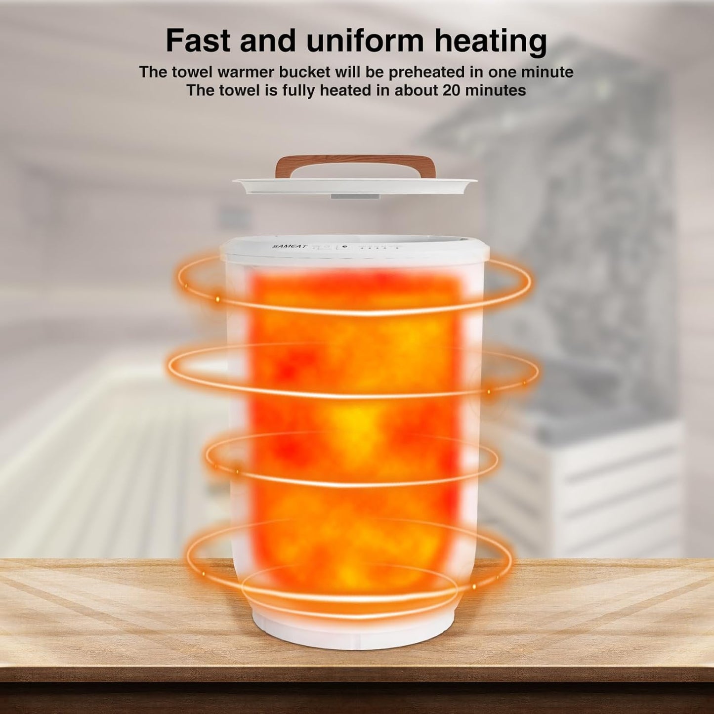Heated Towel Warmer Bucket - Large Capacity with Wood Handle & Auto Shut Off | Fits Two 40"x70" Towels, White