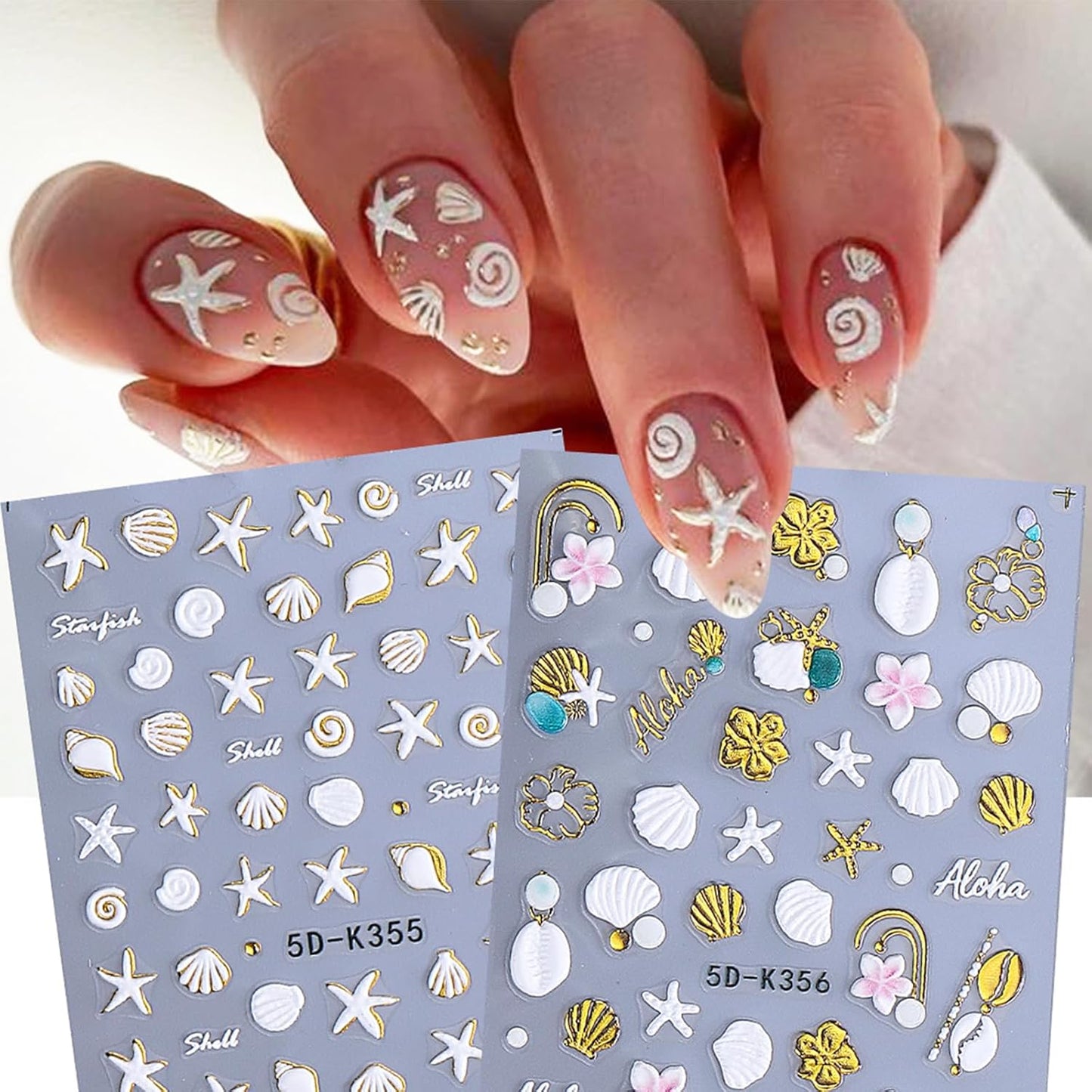 5D Embossed Beach Nail Stickers - Ocean-Themed White & Gold Shell & Starfish Designs | 2PCS Self-Adhesive Nail Art for Summer Manicure