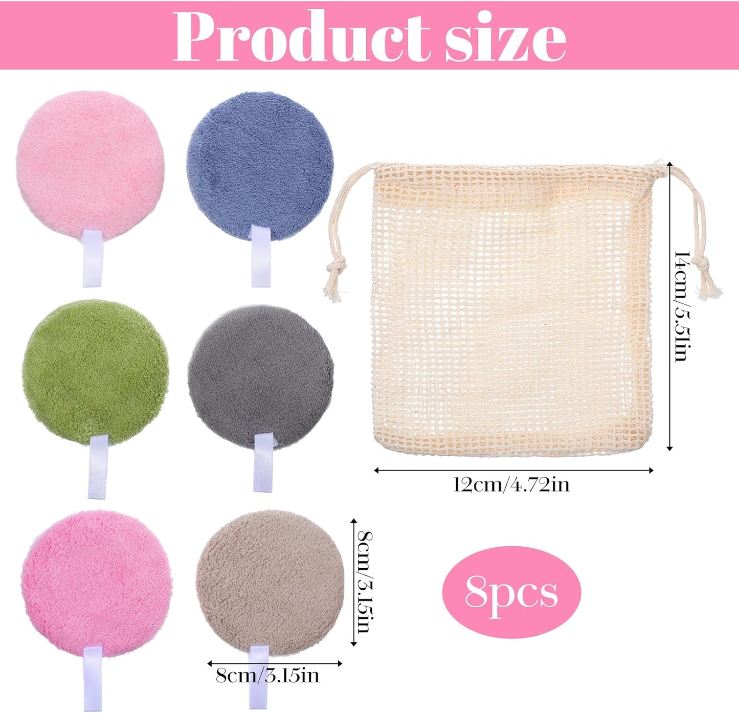 Reusable Makeup Remover Pads - Soft Coral Fleece Face Cleansing Rounds | 8 Pcs with Storage Bag