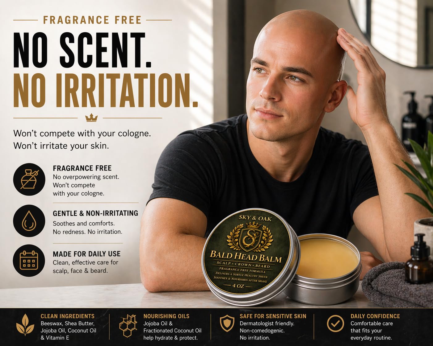 Bald Head Balm for Men - Fragrance-Free Scalp Moisturizer & After Shave Care | 4 oz