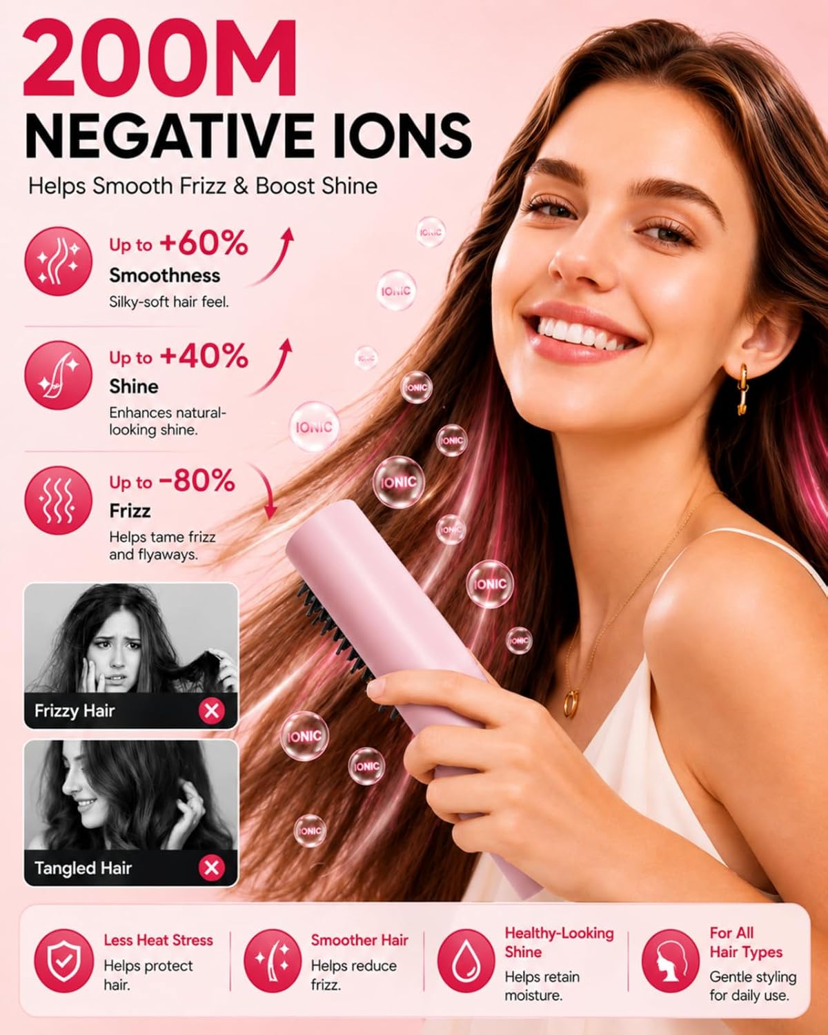 Cordless Hair Straightener Brush - Portable Ionic Styling Tool with 3 Heat Levels | Mirage Pink