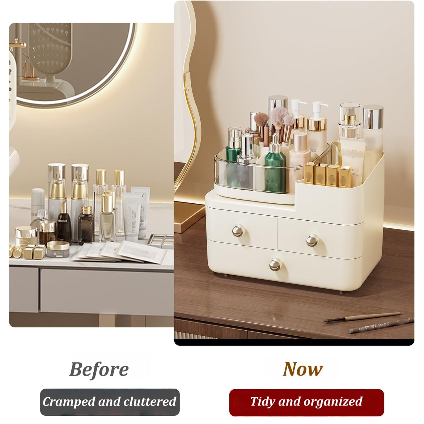 Makeup Organizer with Drawers and 360° Rotating Brush Holder,make up organizers for counter,Large Capacity Cosmetic Storage for Vanity,Skincare,Perfume