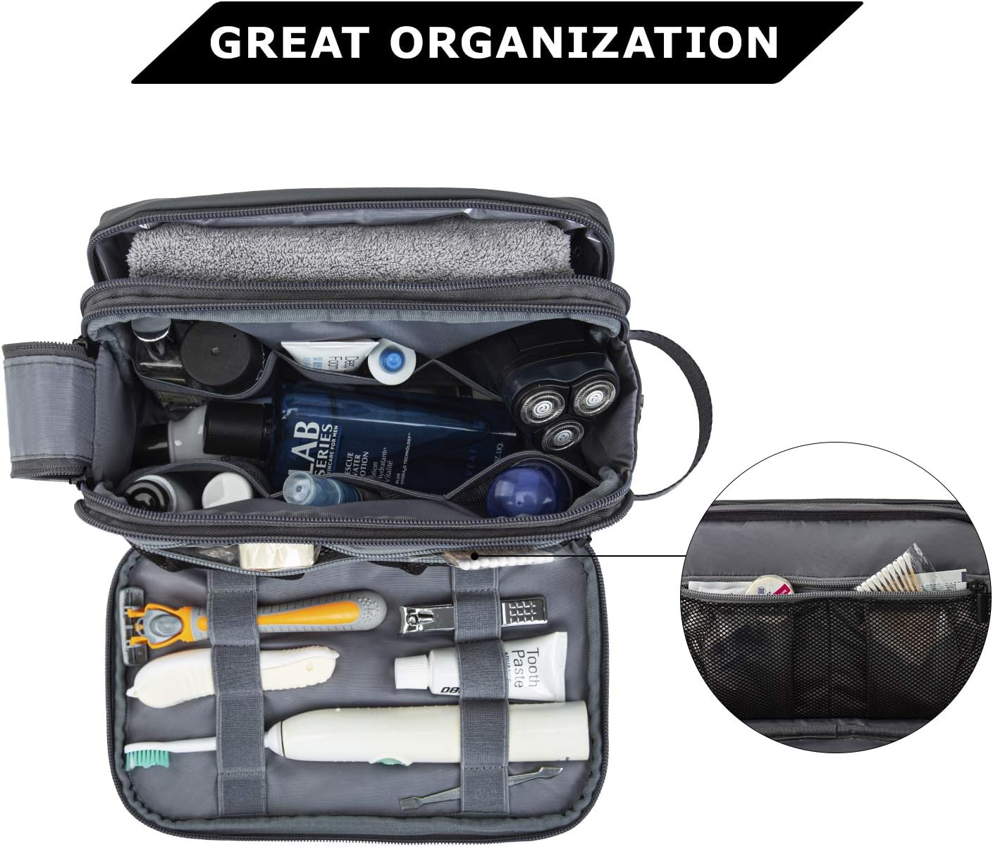 Toiletry Bag for Men - Water-Resistant Travel Organizer Dopp Kit | Grey Medium Size