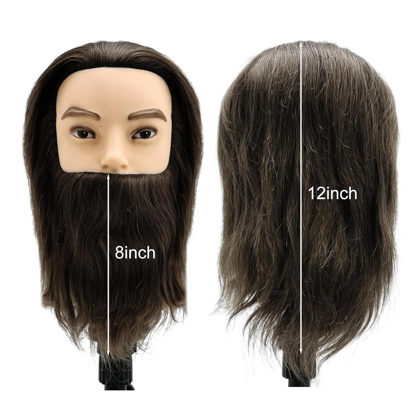 Barber Mannequin Head, 8" Male Mannequin Head 100% Real Human Hair With Beard, Professional Training Doll Manikin Head for Practicing Hair Cutting and Styling, Black