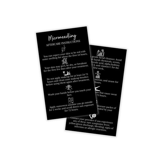 Boutique Marketing LLC Microneedling Aftercare Cards | 50 Pack | Size 2x3.5” inches Business Card Size | Microneedle Black with White Font and Icons Design