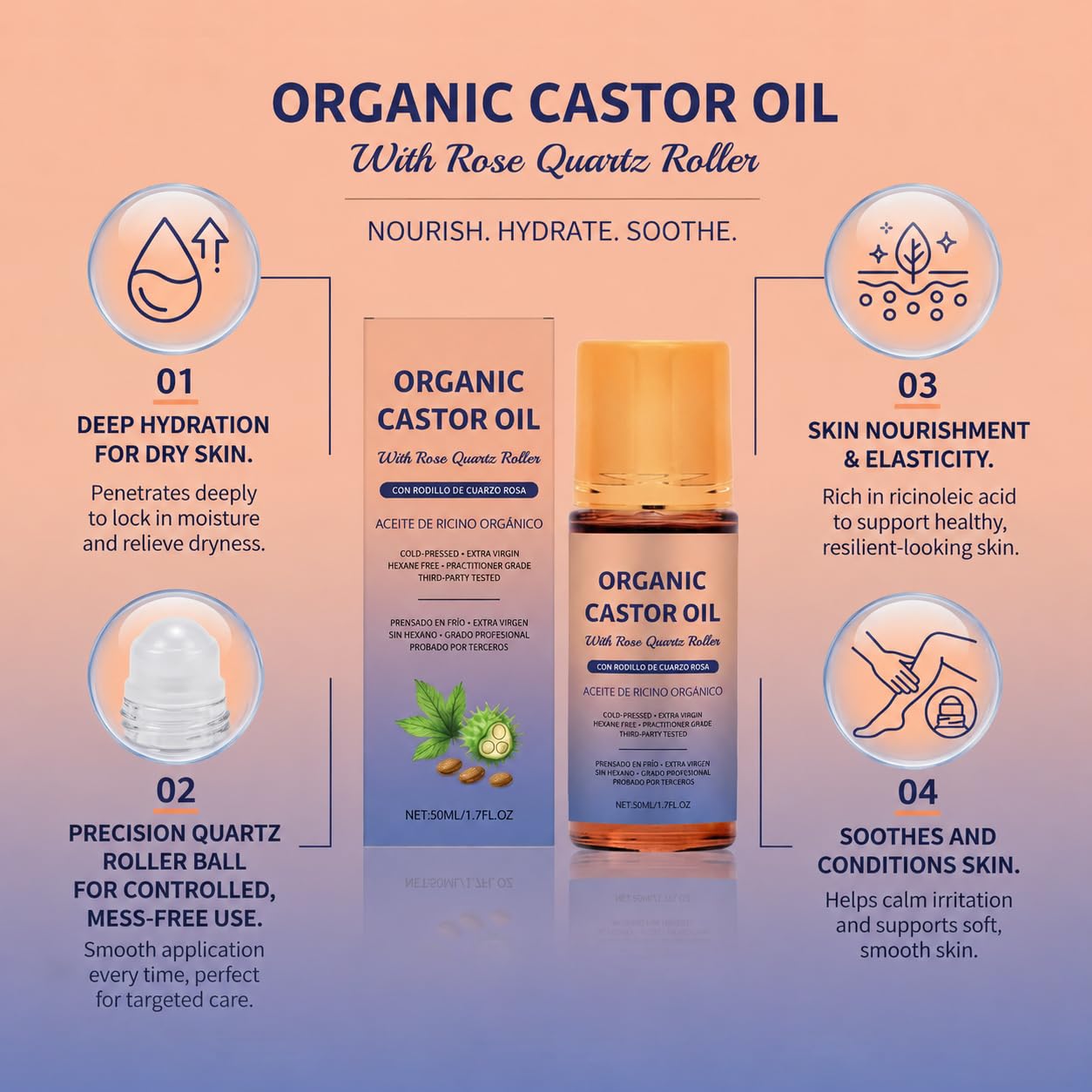 UNME SOULMA Castor Oil with Rose Quartz Roller Ball, Cold Pressed Castor Oil Roll On for Hair, Skin, Face, Scalp, Brows & Lashes, Deep Hydration & Anti-Aging, Travel Size 1.7 Fl Oz