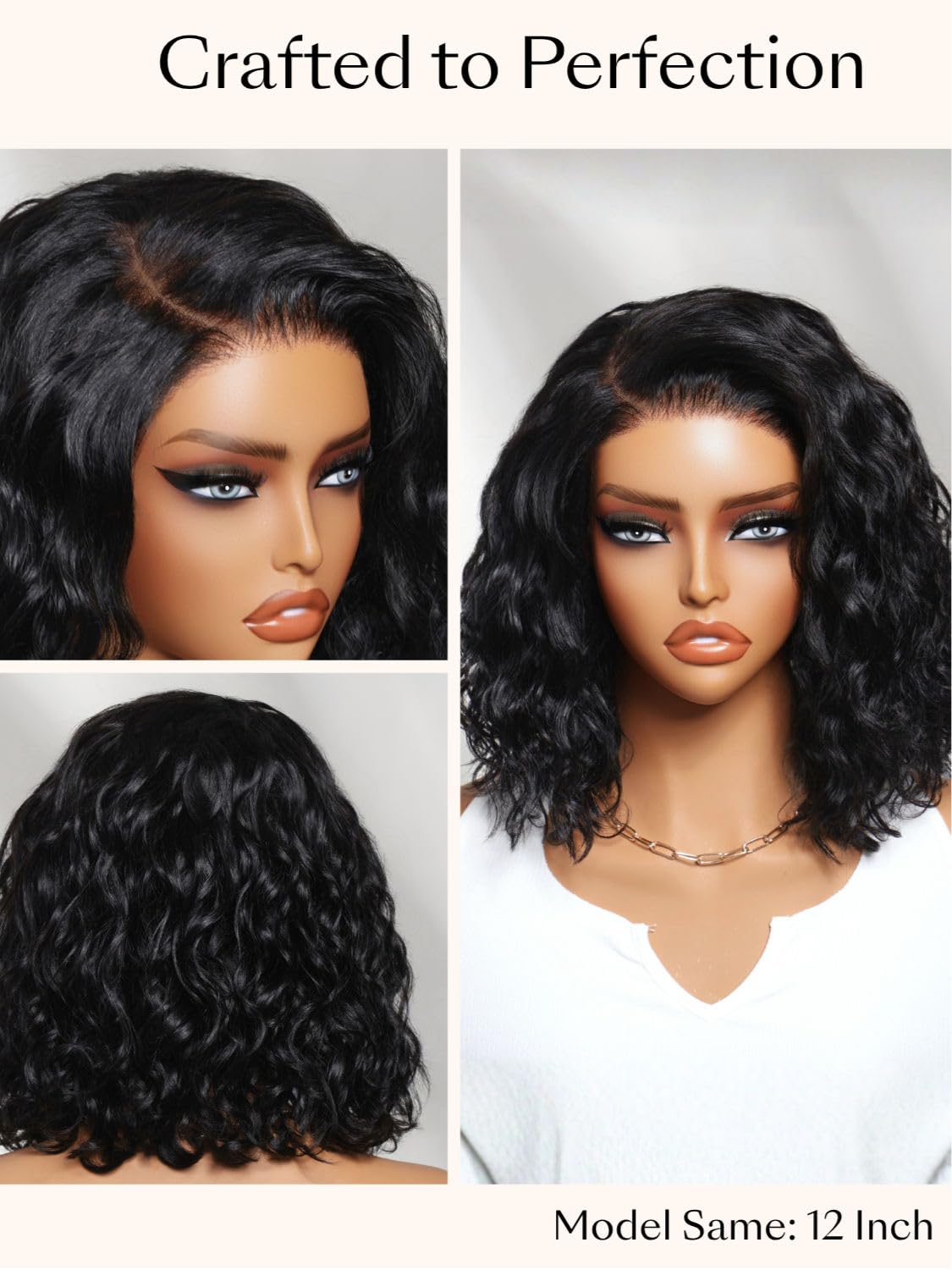 Beauty Forever Glueless Bob Wig Human Hair Water Wave 6x4 Lace Closure Pre Cut Pre Plucked Bye Bye Slip Secure Fit Side Part 250 Density Drawstring Short Curly Bob Wig for Black Women 12inch