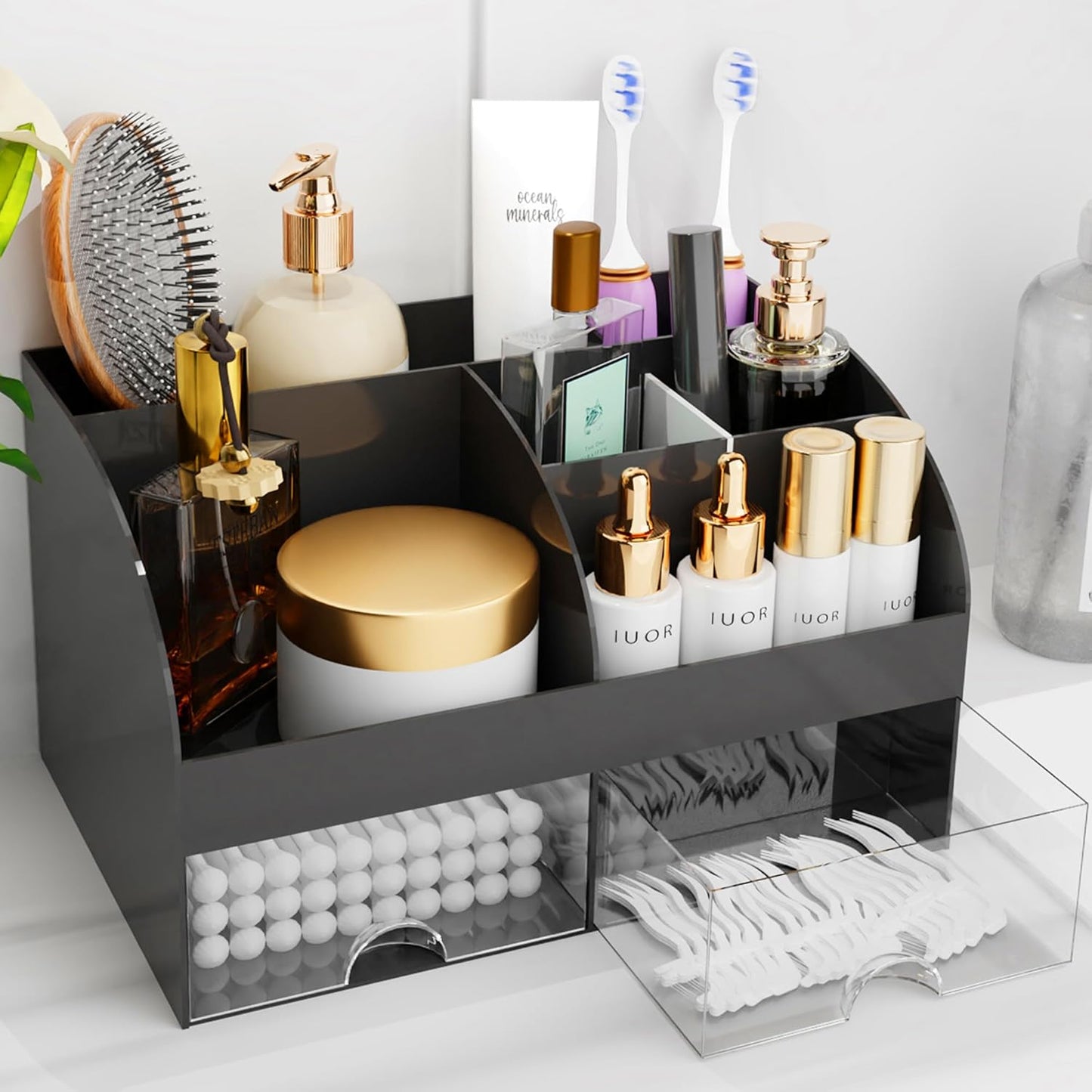 Makeup Organizer - Cosmetic Storage with Drawers for Vanity & Bathroom | White Beauty Holder for Lipstick & Brushes