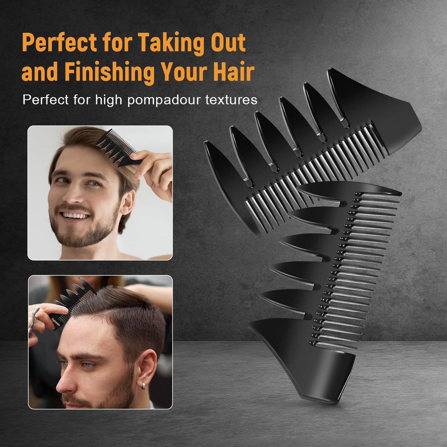 3Pcs Hair Styling Combs Set for Men - Black Wide Tooth Texture Comb for Quiff, Pompadour, Slick Back | Perfect for Barbers