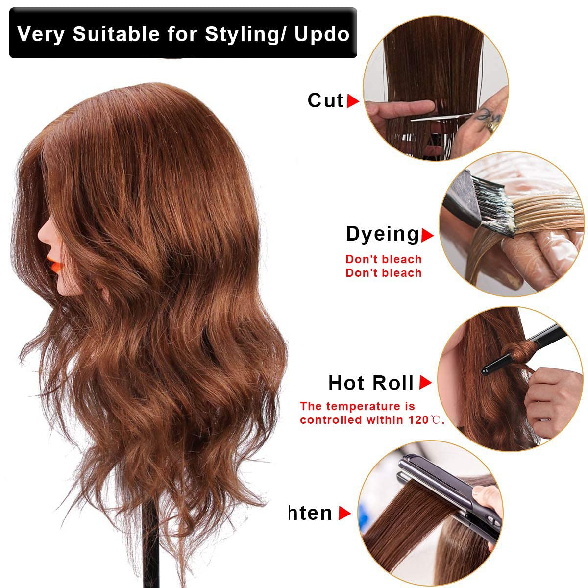 Mannequin Head with Human Hair, 18 inch Mannequin Head with Tripod Stand, Real Hair Cosmetology Makeup Hairdressing Training Head with Wig Stand Tripod, Doll Head for Hair Styling Training with Table