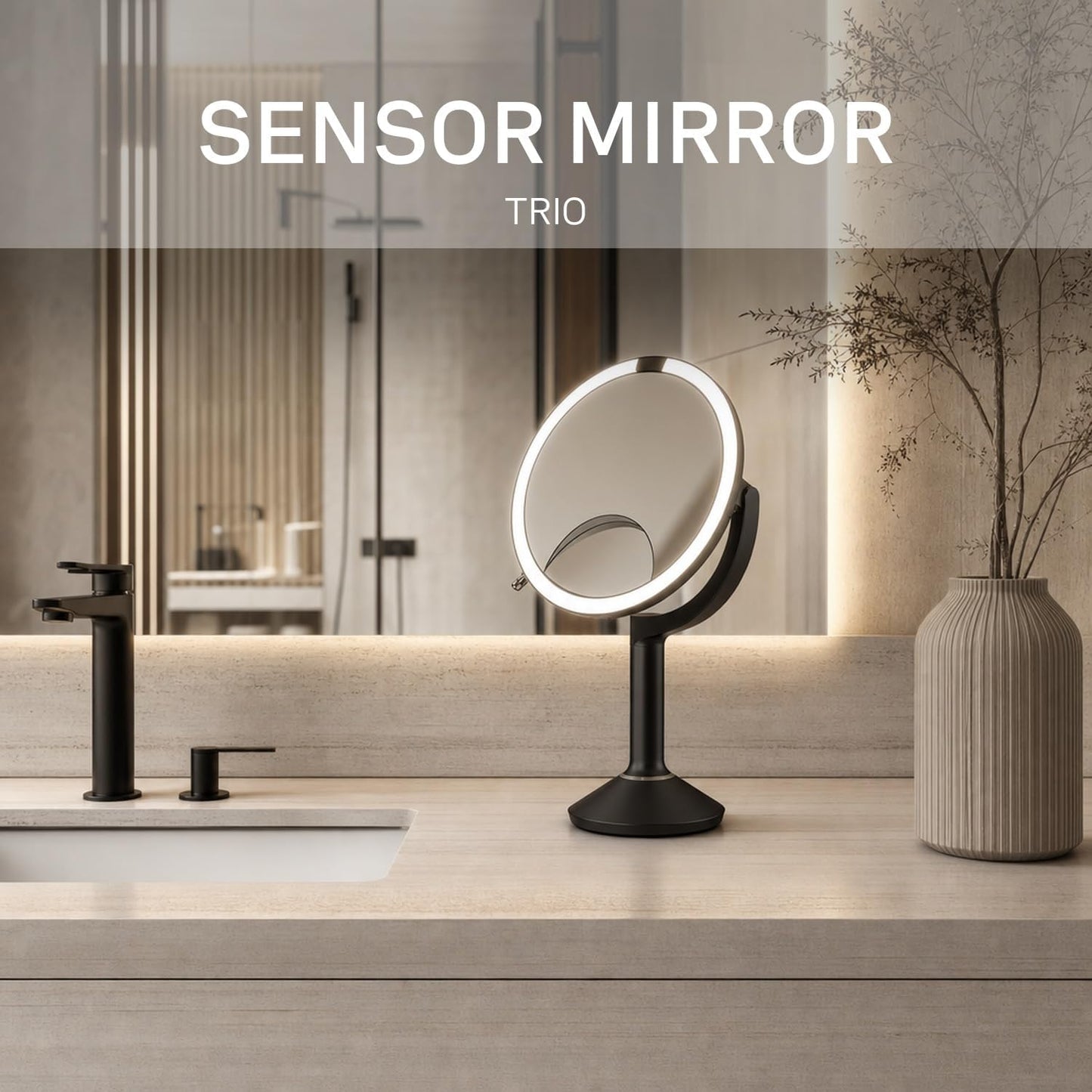 Simplehuman Sensor Mirror Trio - 1X 5X 10X Magnification | Round Rechargeable Makeup Mirror with Tru-Lux® Light and Adjustable Brightness - Matte Black Steel