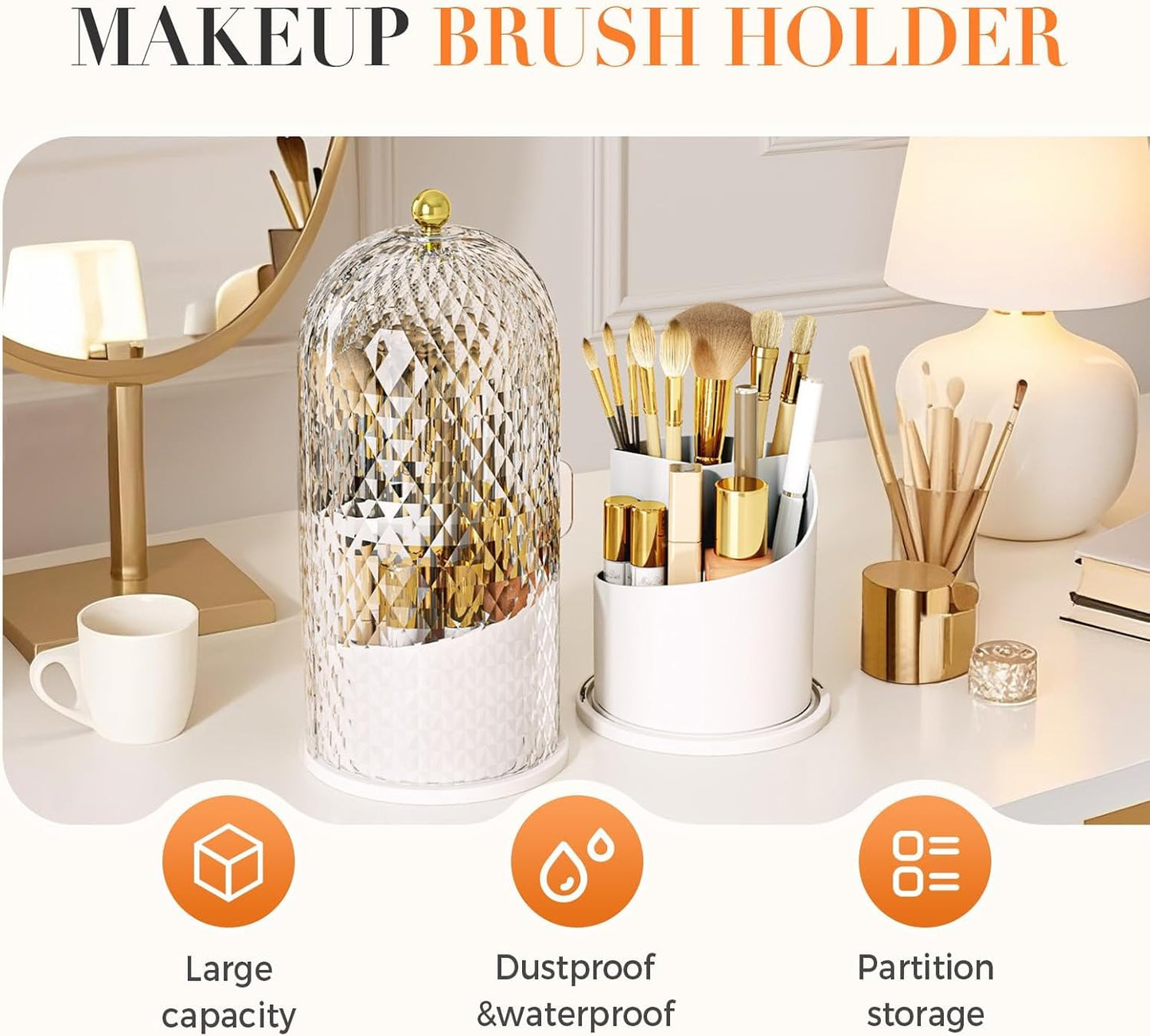Concealed Toothbrush Holder - 360° Rotating Makeup Brush Organizer | Clear Dustproof Design for Bathroom Countertop (White)