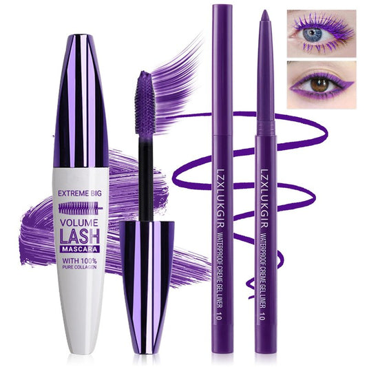 LZXLUKGIR Purple Mascara and Eyeliner Set,5D Colored Volume and Length Waterproof,Purple Mascara for Eyelashes,Natural Lengthening Curling,Suitable for Women