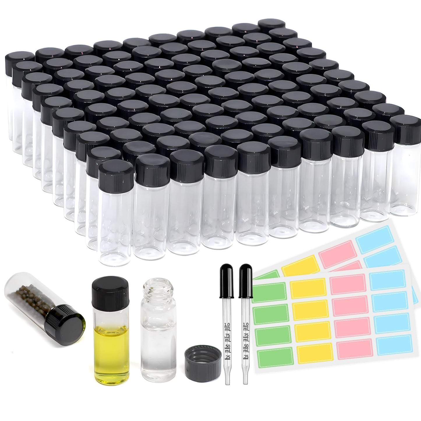 Asherxin 100 Pack 4ml Clear Glass Vials with Screw Caps Small Liquid Bottle Vials for Essential Oi