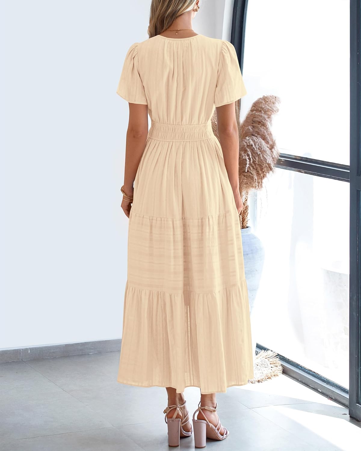 Summer Casual Midi Maxi Dress for Women - Lightweight V Neck, Elastic Waist & Pockets | Boho Beach Style