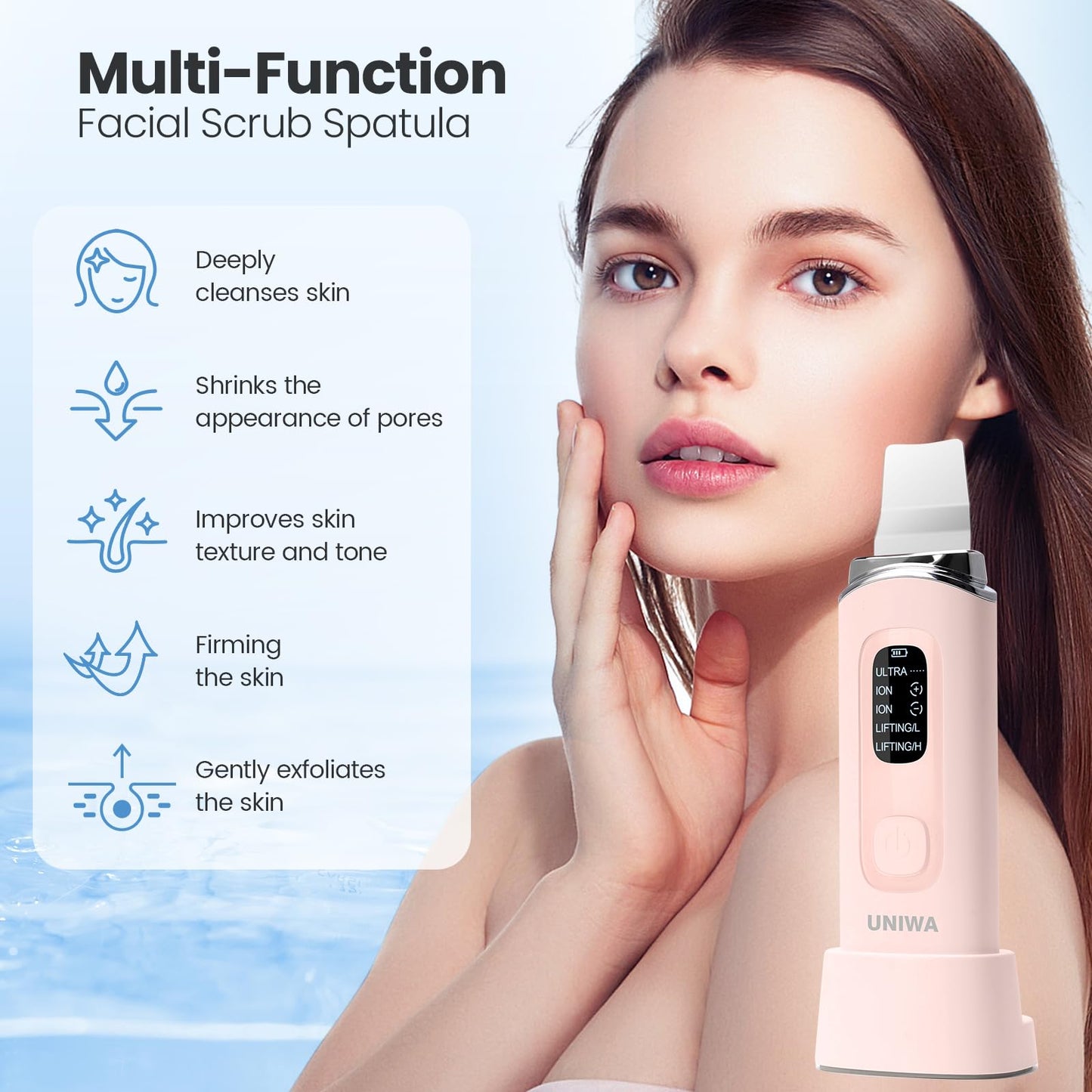 UNIWA Skin Scrubber Face Spatula, Skin Scrubber Pore Cleaner Blackhead Remover Tool for Deep Facial Cleansing - 4 Modes, Face Spatula with USB Charger, LCD Display, IPX7 Waterproof -Pink