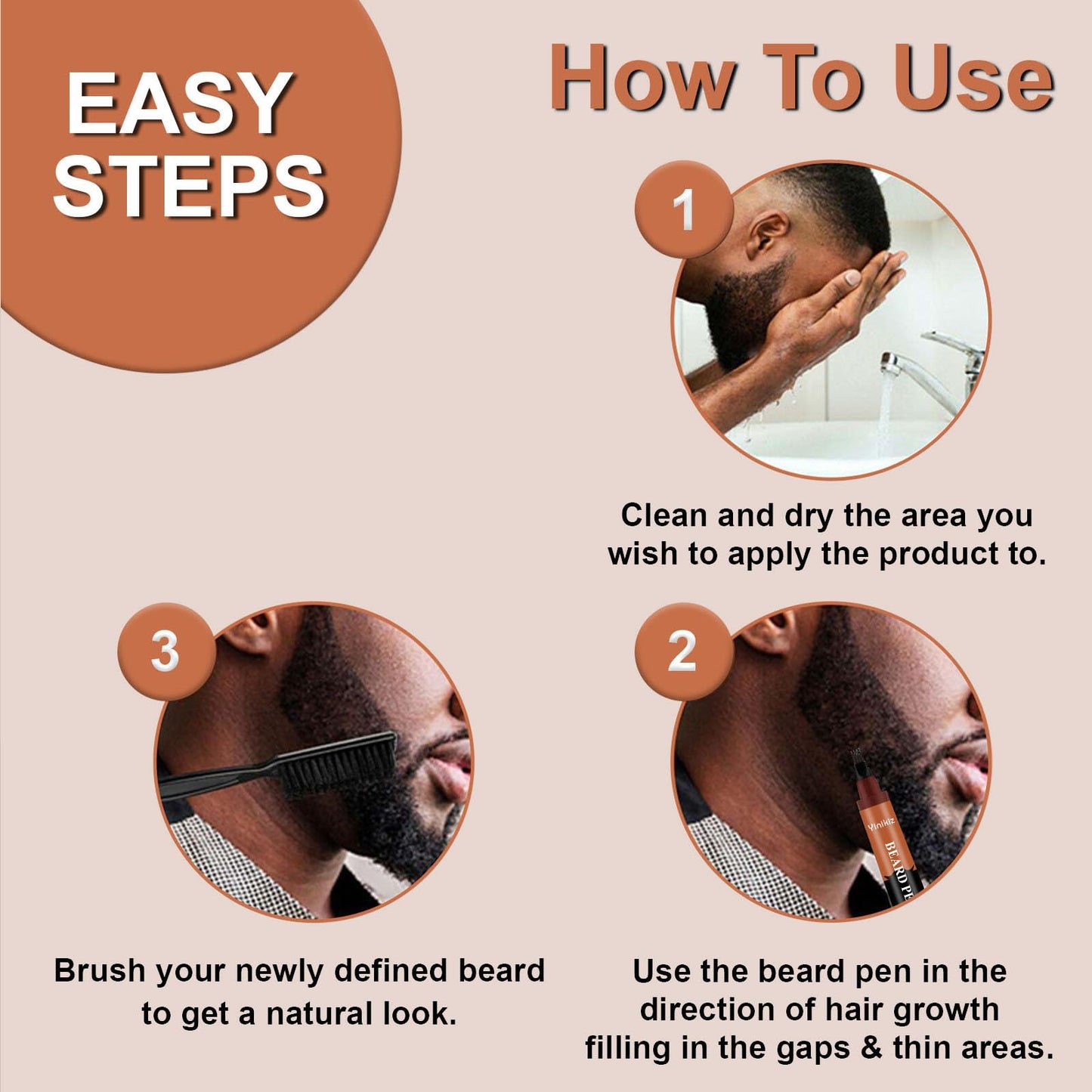 Black Beard Pencil Filler for Men - 2 PCS Beard Pen, 4-fork Tip Beard Styling Pen - Beard, Moustache & Eyebrows, Long Lasting Coverage Natural Finish, Waterproof Beard Pencil Kit for Father Male Gift