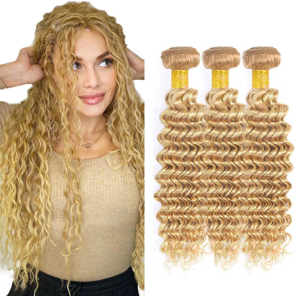 30 32 34 Inch 27/613 Human Hair Bundles 150g 613 Blonde Deep Wave Bundle Two Tone 613 Mixed With 27 Honey Blonde Hair 3 Bundles Brazilian Virgin Hair Weave