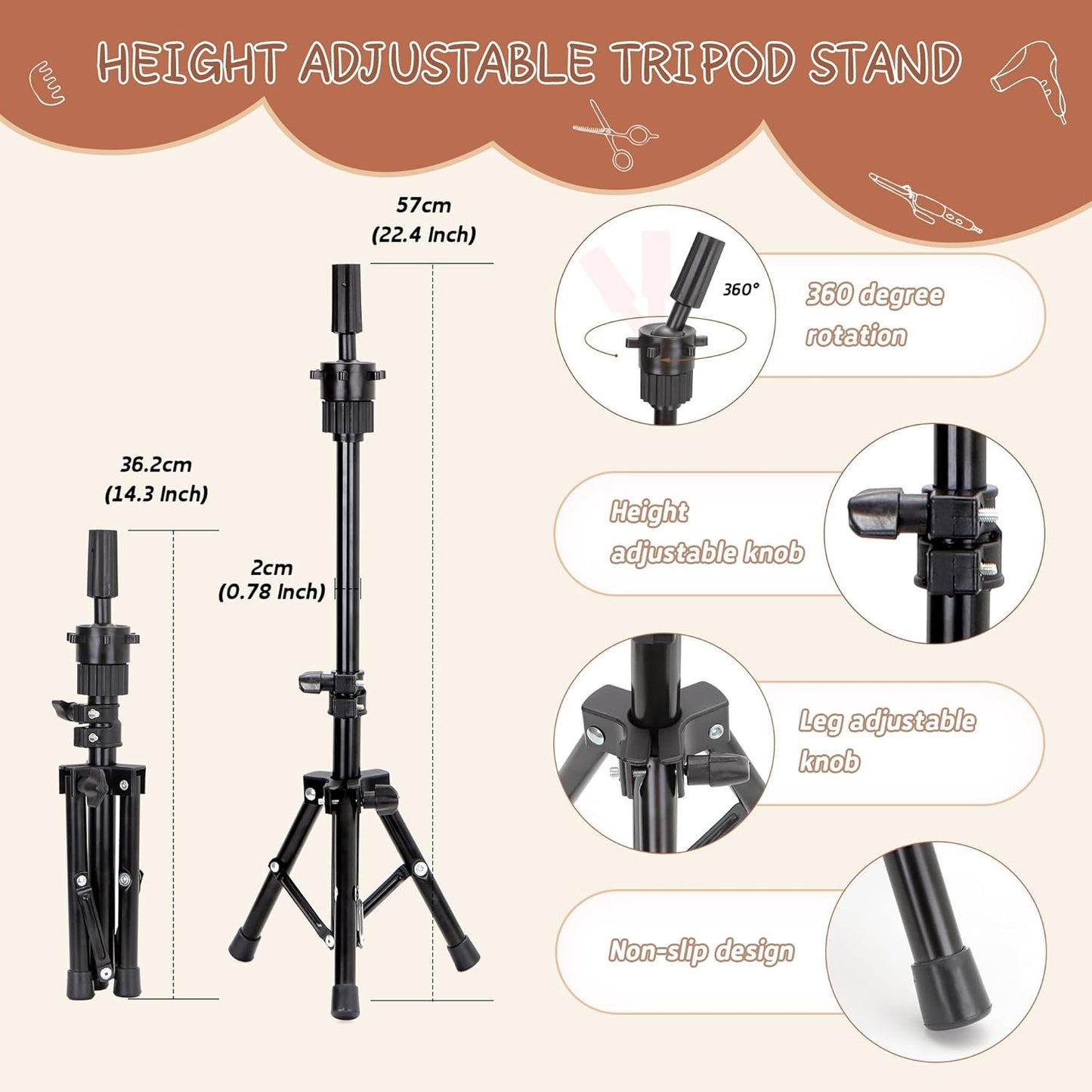 Human Hair Mannequin Head - 22"-24" Cosmetology Training Head with Tripod Stand & Clamp Holder for Styling, Braiding, Cutting