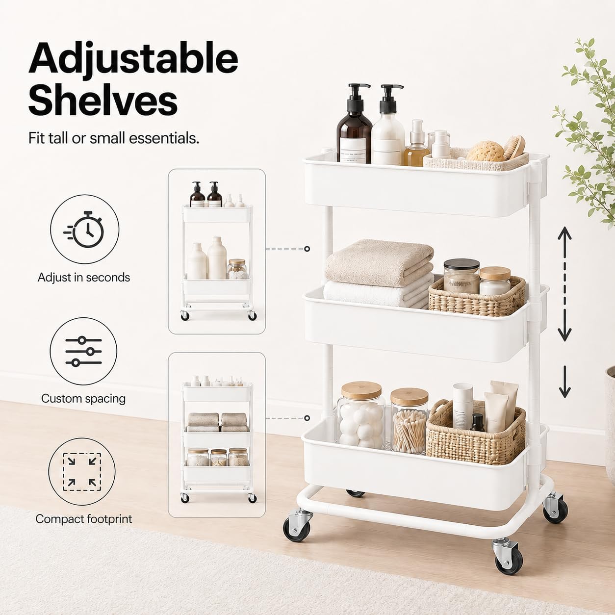 Utility Rolling Cart - Heavy Duty Metal Storage Organizer with Wheels | Portable 3-Tier Shelving Unit for Office, Bathroom, Kitchen (White)