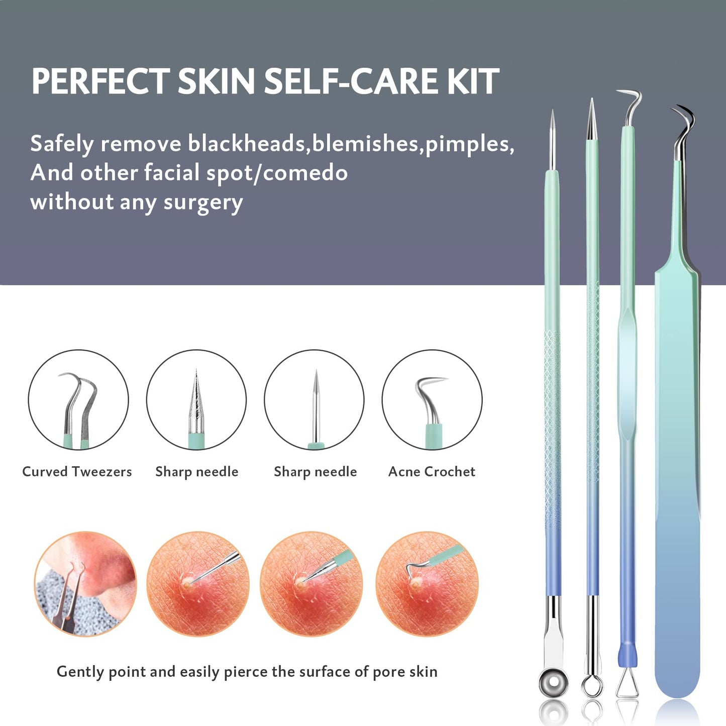 Blackhead Remover Tools MENOLY 10Pcs Pimple Popper Tool Kit, Blackhead Remover Extractor Tools, Anti-Slip Handle Pimple Comedone Extractor Acne Kit for Blackhead,Blemish,Zit Whitehead
