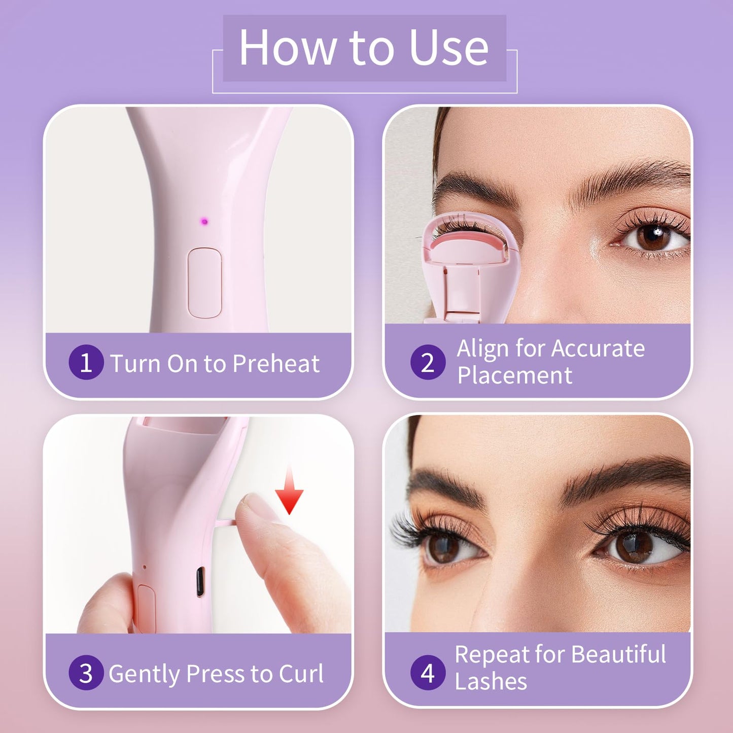 Heated Eyelash Curlers Rechargeable Electric Eyelash Curler with Dual-Arc Design & 3 Adjustable Temperature