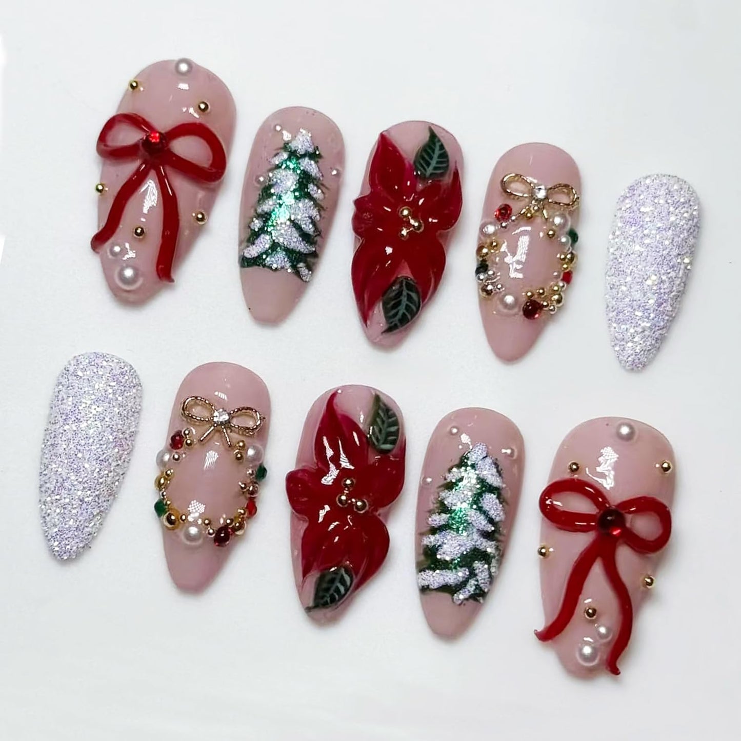 Christmas Press-On Nails - Medium Almond Acrylic Tips with Tree Wreath, Gold Beads & Rhinestones | Winter Holiday Design