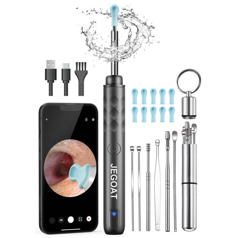 Jegoat Ear Wax Removal, Ear Wax Removal Tool Camera with 1296P HD Camera and 6 LED Lights, Ear Cleaner with 10 Ear Pick, Upgraded Ear Wax Removal Kit for iOS and Android, Black