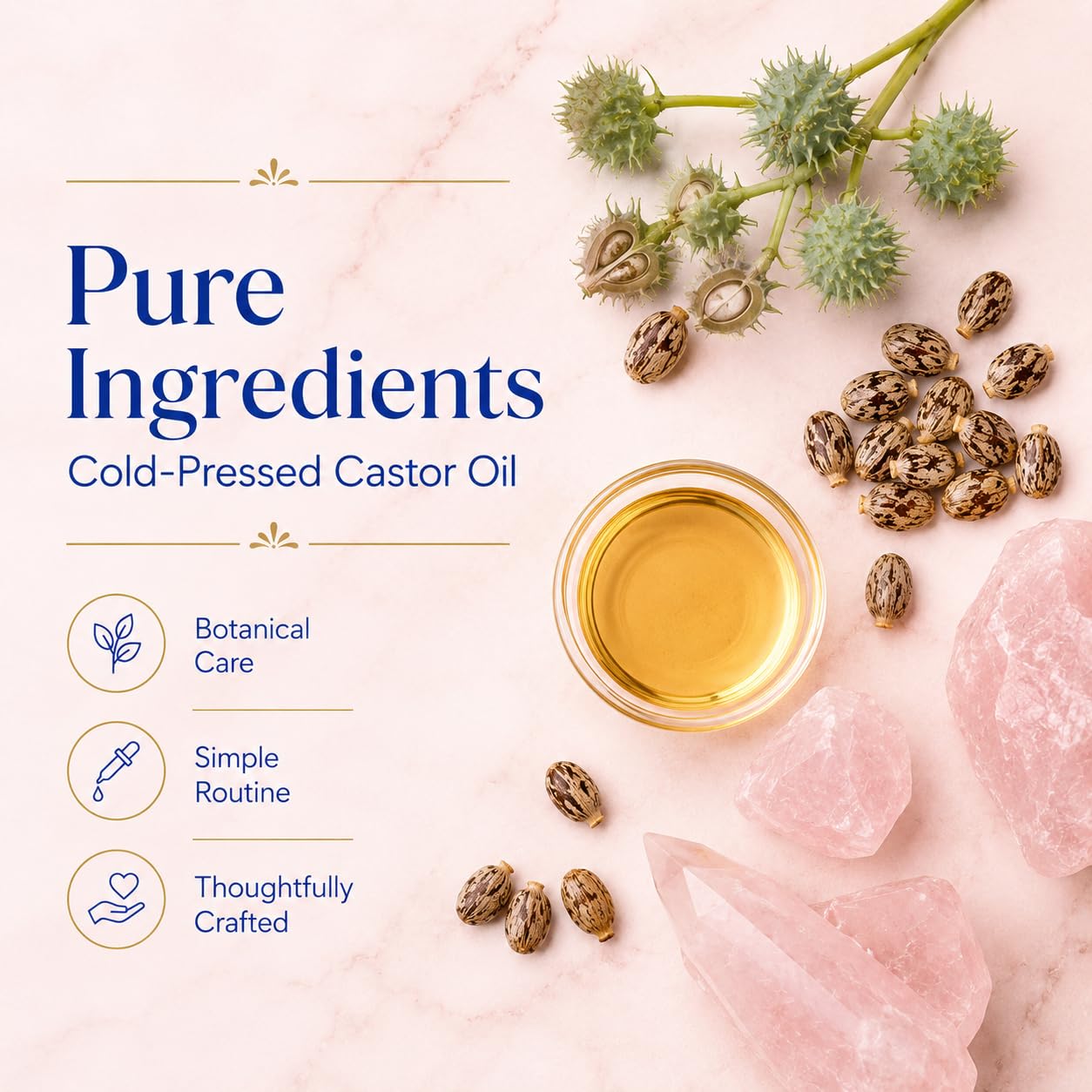 Organic Castor Oil Rose Quartz Roller Ball - Roll-On Castor Oil, 100% Pure Cold-Pressed for Hair, Face & Skin Moisturizing, Under Eye Care, Nail and Cuticle Care, Easy to Apply, 50 ml, 2 Pack